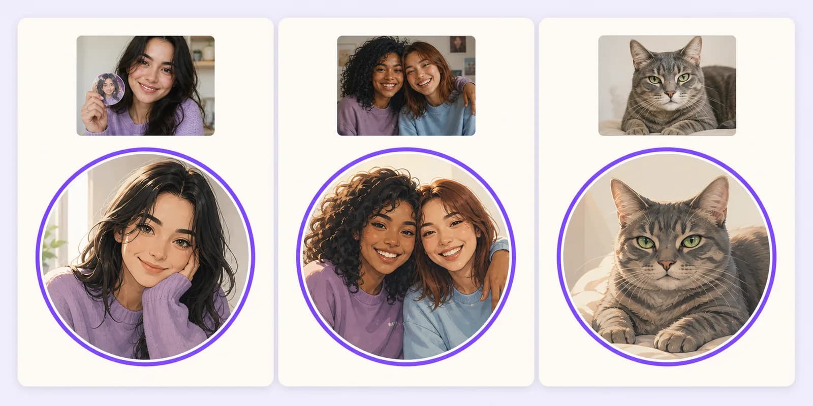 Examples of self, loved ones, and a pet transformed into circular animation stickers