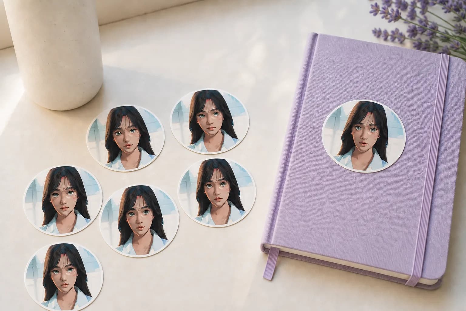 Product example of seven identical circular portrait stickers